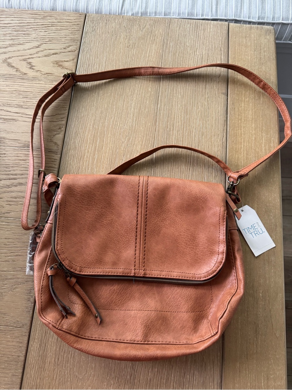 Time and Tru Tan/Brown Faux Leather Crossbody Bag